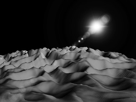 Retro futuristic sci-fi PC black and white landscape XX century style. Digital retro cyber surface. 1980-90 background . Sci-fi digital games, science fiction landscape. planet surface, render terrainの写真素材