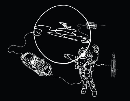 Astronaut in spacesuit, planet, spacecraft, car, cabriolet in space. Illustration inspire by recent space odyssey. Continuous line minimalist drawing on balckのイラスト素材