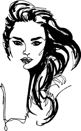 Fashion style woman portrait, face and shoulder, black hair, minimalism, continuous line, beauty, nice makeupのイラスト素材