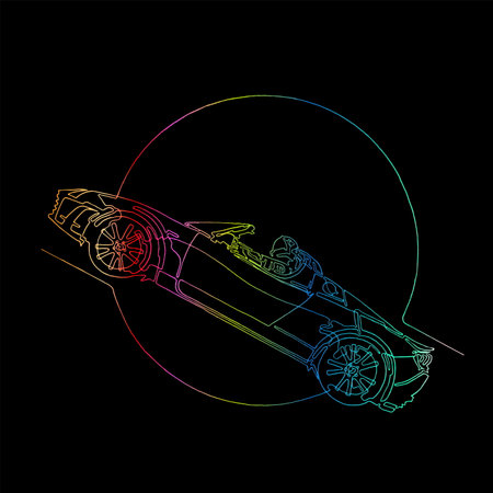 Starman astronaut on cabriolet in space. Illustration inspired by space odyssey. Continuous colorful punchy line minimalist drawing.  Circle for Sun, Ears, Moon, Mars, planet. Black backgroundのイラスト素材