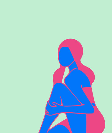 A sitting girl, she holds her hand to her bare knee, an illustration, on the theme of fashion, calm, deliberate contemplation. Concepts peace, balance, rest, bright punchy pastel colors.のイラスト素材