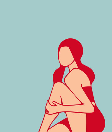 A sitting girl, she holds her hand to her bare knee, an illustration, on the theme of fashion, calm, deliberate contemplation. Concepts peace, balance, rest, bright punchy colors.のイラスト素材