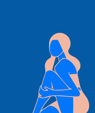 A sitting girl, she holds her hand to her bare knee, an illustration, on the theme of fashion, calm, deliberate contemplation. Concepts, peace, balance, rest blue punchy colors.のイラスト素材