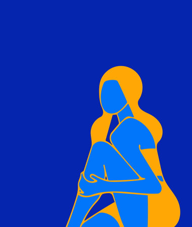A sitting girl, she holds her hand to her bare knee, an illustration, on the theme of fashion, calm, deliberate contemplation. Concepts, peace, balance, rest, bright punchy colors.のイラスト素材