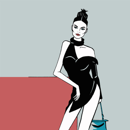 Fashion girl in a short black dress, Hairstyle - a bunch of pineapple, street fashion, sexy style, open shoulder, bare legs, minimalistic comic style.のイラスト素材