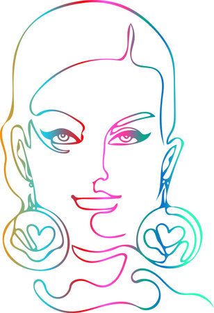 Fashionable face of a woman with big earrings. Round massive ornaments on the ears, a symbol  a heart, drawn by one continuous line, a multicolored gradient fill, a white backgroundのイラスト素材