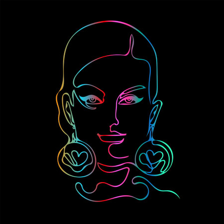 Fashionable face of a woman with big earrings. Round massive ornaments on the ears, a symbol - a heart, drawn by one continuous line, a multicolored gradient fill, black backgroundのイラスト素材
