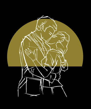 Retro styled couple. Man and woman kissing in front of golden sun diskのイラスト素材
