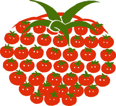 Tomato concept - one big made of many small. Red tomatoes, ripe, with green roots and white patches of light, there are many of them, symbol that one contains useful substances of many varietiesのイラスト素材