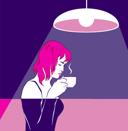 A pink haired girl is trying (sniffing) coffee, holding a cup near face. Meditation, a hot drink. Graphics,comics. Love of drink, doubt, relish. ultra violet, lamp in cafeのイラスト素材