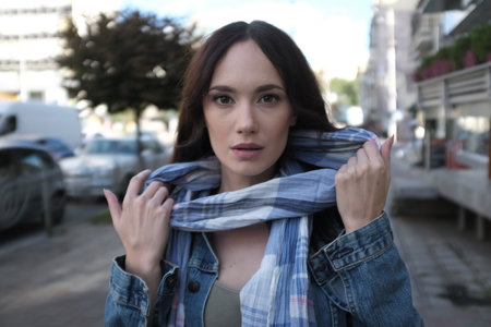 Beautiful young woman is walking and posing outdoors. She has beautiful long brown hair with curls. She wears a blue jeans jacket with a scarf.の写真素材