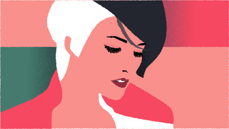 Female face close-up, Fashion illustration long eyelashes fashionable haircut eyes lowered flat colors additional color scale, red lips, minimalist styleのイラスト素材