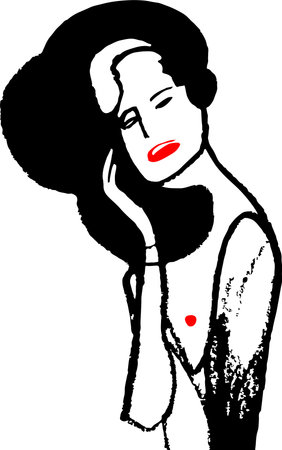 Minimalist woman portrait, topless, lady with black fluffy hair touches her head lips, open chest,  styles of artists of the modern day linear figureのイラスト素材