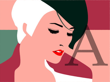Female face close-up, Fashion illustration long eyelashes fashionable haircut eyes lowered flat colors additional color scale, red lips, minimalist style, Letter "A" - as element of designのイラスト素材
