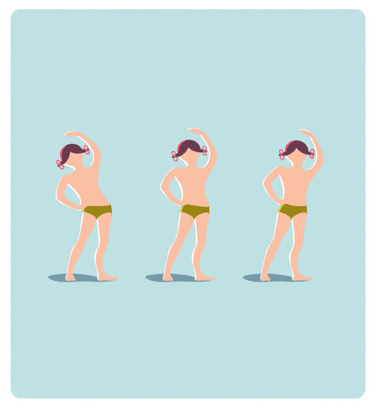 Young girl doing morning exercise, sequence of three poses, isolated, minimal styleのイラスト素材