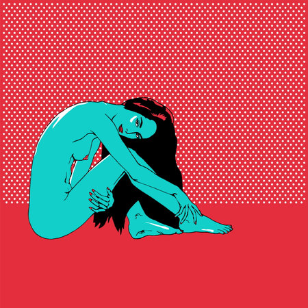 Naked healthy looking slim naked woman with long hair sitting in rest pose. Line art, modern flat colors, minimalism, simple graphics, contemporary art, red-orange, blue-green color schemeのイラスト素材