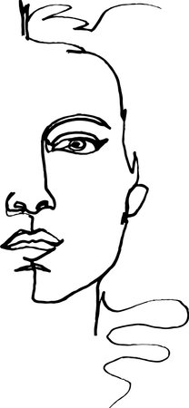 Fashion illustration, feminine full-face in half, one eye, single line, spiritualized expression emotions stylish fashion image, minimalism, expression, modern drawingのイラスト素材
