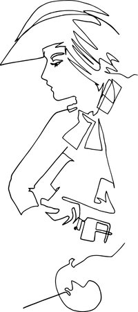 Woman musketeer, minimalistic illustration, one continuous line. Sword, belt, medieval hat, retro, historical costume, adventure, romanceのイラスト素材