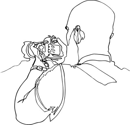 Photographer with SLR camera is taking pictures, illustration. One continuous minimalistic line, a view from the back, a work of liner, a mirror, a bald head, a beard, a T-shirt, bicepsのイラスト素材