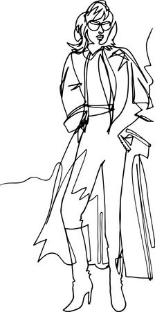 Fashionable woman in an independent pose in a long coat unbuttoned, boots, dark glasses, hands in pockets, urban fashion, modern style, global march, fashion model catwalk gait.のイラスト素材