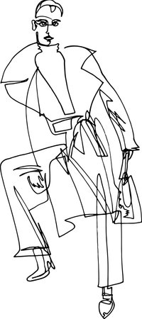 Fashion illustration of a woman in a coat and pants with a bag in high-heeled shoes. Minimalist illustration, one continuous line, autumn city fashionのイラスト素材