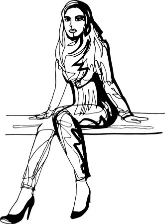 A woman is sitting on a bench in high-heeled shoes, leaning her elbows on the boards, looking into the distance, a scarf around neck, autumn, expectation, urban fashion, modern style, continuous lineのイラスト素材