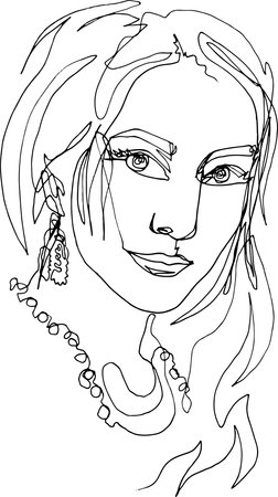 Beauty portrait of a woman close-up face half a turn, earring, sexy confident look, long hair, on the neck ornaments - beads, necklace, illustration of one continuous line.のイラスト素材