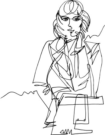 Autumn, woman in coat with bag, fashion illustration, minimalist style with one continuous line,  hand at face, second hand inpocket, wind develops a hair, a calm confident look, global marchのイラスト素材