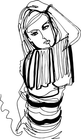 A beautiful woman in a striped jumper took a model pose, a hand on her head, dressed up, a beautiful hairstyle, demonstrates clothes, street fashion, minimalistic illustration with a continuous line.のイラスト素材