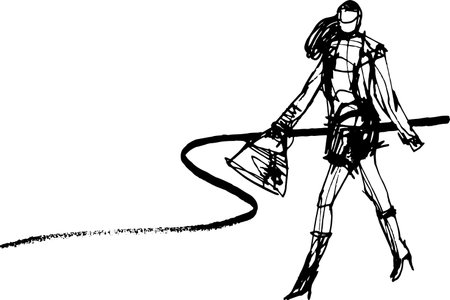 Sketch from the podium in a fashion show, a woman, cat walk walks with a bag, hair, stylish hairstyle, jacket, long high boots, fashionable style, fresh collection of fashion shows, minimalist style.のイラスト素材