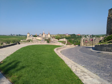 Kamenetz-Podolsk fortress, view in the morning with a panorama of the city, old stone walls, clear sky, tourist attractionの写真素材