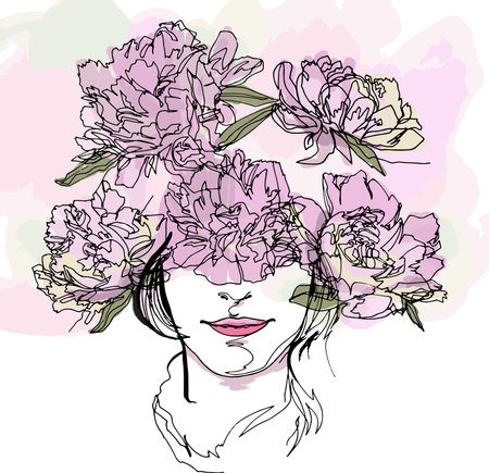 The head of a girl with a wreath of flowers, fashion-illustration. Peony flowers, minimalist, continuous line, flora fauna, beauty, fashion, aesthetics, plants, modern art, emotional, warm, colorsのイラスト素材