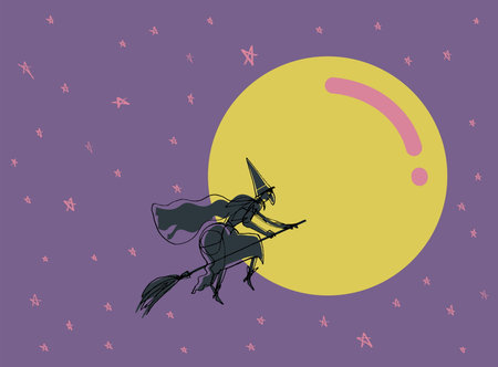 Halloween theme: witch with big nose flies on broomstick against the background of night sky and full moonのイラスト素材