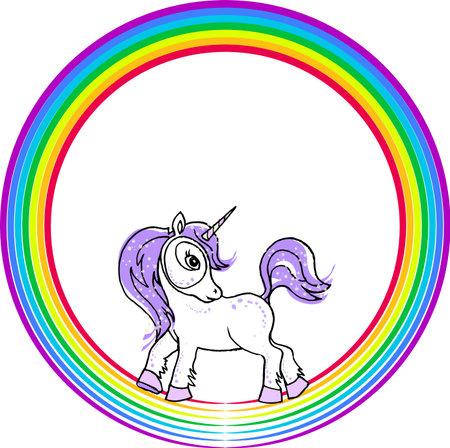 A little fairy unicorn with a raspberry mane covered with sequins jumps through a multi-colored rainbow, a mythical creature symbolizing chastityのイラスト素材