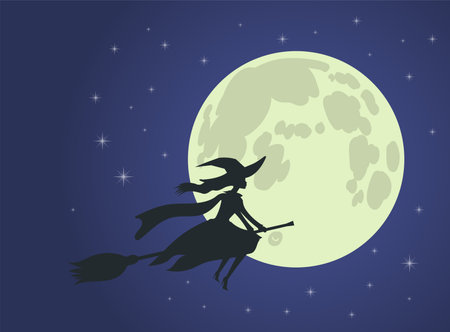 Halloween theme: beautiful witch flies on broomstick against the background of deep purple blue night sky and full moonのイラスト素材