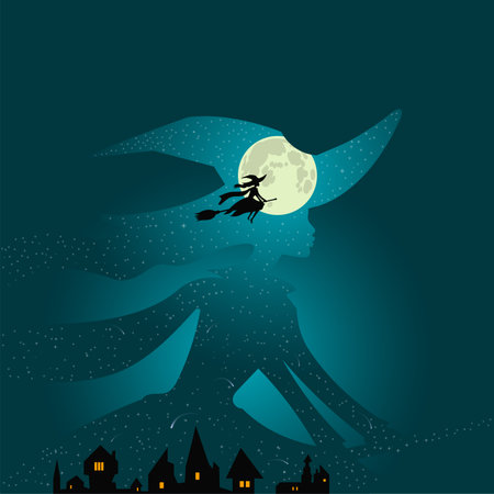 Halloween theme: beautiful witch flies on broomstick over town buildings against the background of deep aqua blue night sky and full moon, double exposure styleのイラスト素材