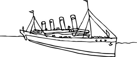 Drawing a ship in one continuous line, Big ship with four pipes.のイラスト素材