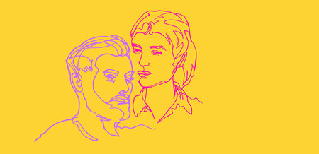 He and she, pair two faces, profiles, continuous line, social cover wide format, drawing of two heads, mans and woman, minimalist conceptのイラスト素材