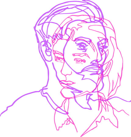 He and she, pair two faces, profiles, continuous line, drawing of two heads, mans and woman, punchy magenta violet colorsのイラスト素材