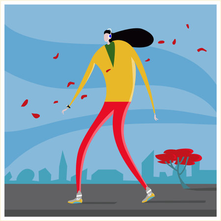 Geek musical woman walking on road at city, Autumn, falling leaves, Athletic build, headphones, sneakers, smart watches, black hair develops the windのイラスト素材