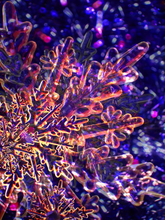 christmas background with transparent color back-lighted snowflakes, multiple exposuresの写真素材