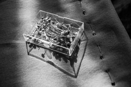 A set of tailor pins in a box on the fabric with a stab on the dotted line along with the stitching pattern is being prepared.の写真素材