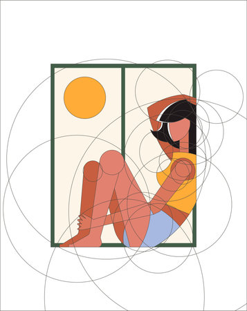 The girl sitting in the window opening on the background of the yellow sun, she is wearing shorts, yellow blouse, bare legs, black hair, fashionable urban style.のイラスト素材