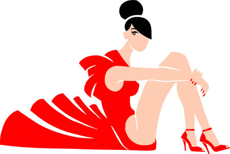 Beautiful fashionable girl in a long red dress in high-heeled shoes sitting with bare legs with a hairstyle of the 1960s hugging her kneesのイラスト素材