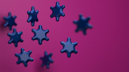 Funny inflatable snowflakes at different distances with shallow depth of field coated with foil with...