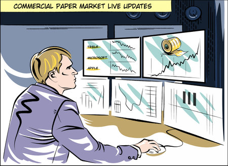 Businessman in front of monitors watches for diagrams. Comic of the day: situation on commercial paper market. Refers to the inadequate demand for toilet paper dealing with news of coronovirus spread.のイラスト素材