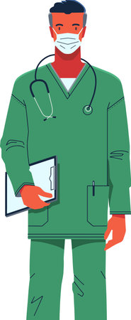 doctor in a protective mask and in a medical suit with a notebook for records isolated on white background on hospital backgroundのイラスト素材