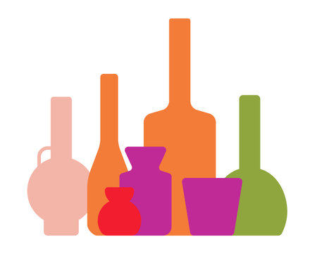 Minimalist set of colorful glass bottles and vase, modern illustration color paletteのイラスト素材