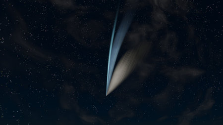 Comet in the evening sky among clouds and stars with coma and blue colored ion and warm colored dust...