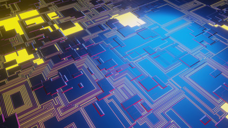 Modern tech pattern. Sci-fi  technological surface, macro background, 3D rendering. PC style, robotic planet, future of materials technology, light and shadows, lines and spots, color contrast.の写真素材